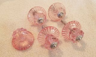 Vintage Four (4) Pink Glass Drawer Pulls Knobs Plus One (1) With No.