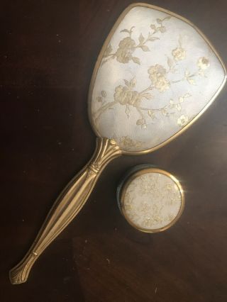 Vintage Art Deco Gold Tone Floral Hand Held Vanity Mirror & Jar