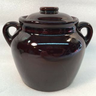 Vintage Usa Pottery Small Dark Brown Bean Pot W/lid
