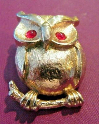 Signed Sarah Coventry Vintage Owl Brooch Pin Red Glass Eyes Costume Jewelry