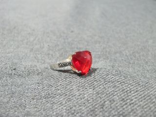 Vintage Faceted Red Glass Heart Crystal Marcasited 925 Sterling Ring Size 8