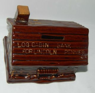 Vintage Red Clay Log Cabin Coin Still Bank For Lincoln Pennies Made In Japan