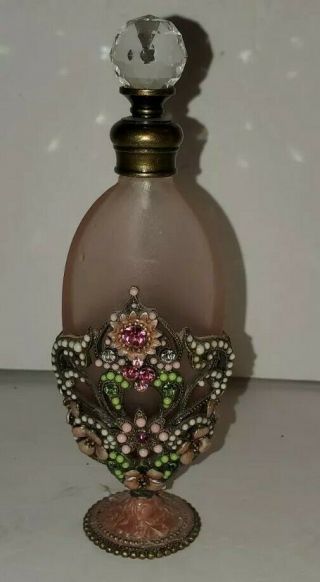 Vintage Perfume Bottle Jeweled On Stand Amber Dauber 5.  2 " Empty Vanity Decor