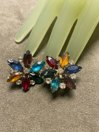 Vintage 1 1/2 " Goldtone Multi Color Shape Rhinestone Flower Clip On Earrings W