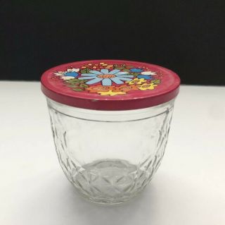 Vintage 1960s Ball Quilted Crystal Jelly Jar Pink Flower Power Tin Lid Half Pint
