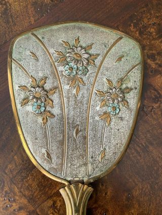 Vintage Handheld Metal Vanity Mirror,  Pretty Floral,  13 1/2 " Long,  Heavy,  Decor