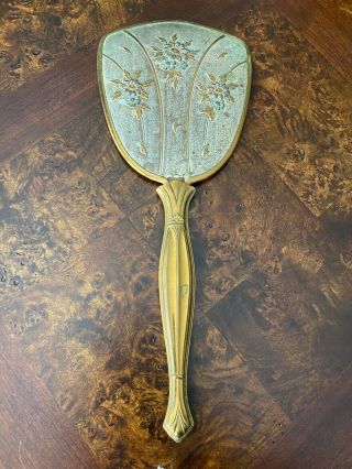 Vintage Handheld Metal Vanity Mirror,  pretty floral,  13 1/2 