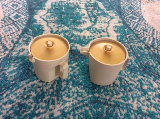 Vintage Tupperware Creamer & Sugar Bowl Beige With - Harvest Gold Push Button Lids