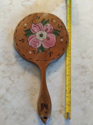 Vintage Wooden Wood Round Mirror Pink Floral Hand Painted 11 In.  Signed G.  Wald