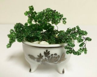 Vintage French Handmade Glass Seed Bead Plant In Porcelain Planter Small 2.  5 "