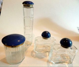 Art Deco Vanity Travel Set - 2 Glass Perfume Bottles,  Powder Jar & Tall Holder