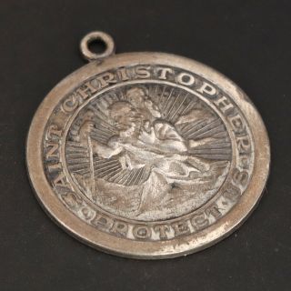 Vtg Sterling Silver - Saint Christopher Protect Us Catholic Medal Pendant - 8.  5g