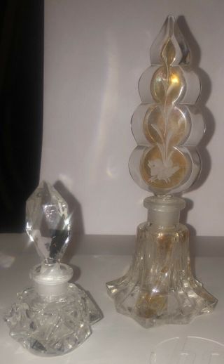 2 Vintage Cut & Etched Crystal Glass Perfume Bottles W/ Stoppers