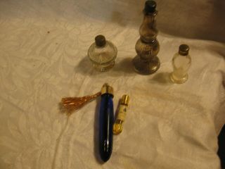5 Vintage Miniature Perfume Bottles Cobalt Blue Brass Lids