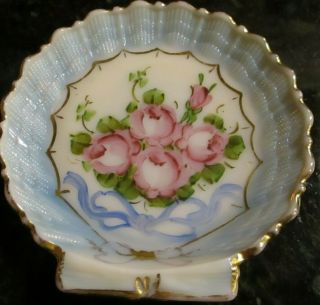 Antique Vintage Pink Glass Fenton Cambridge Painted Roses Trinket Dish Gorgeous