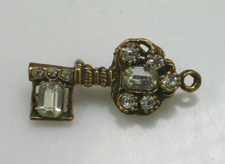 Vintage Gold Tone Sparkle Clear Rhinestone Elaborate Small Key Brooch Pin