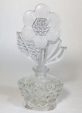 Vintage Cut Clear Glass Perfume Bottle With Flower Stopper