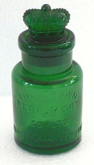 Green Glass " The Crown Perfumery London " Perfume Bottle