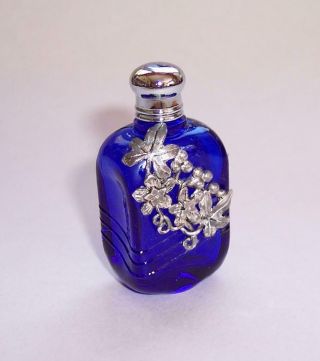 Vintage Cobalt Blue Glass Miniature Perfume Bottle Silver Plated Flowers