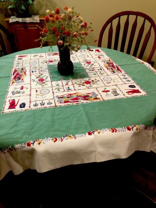 Vintage Tablecloth Early American Design 44” X 48” Flaws