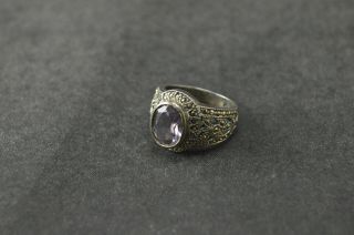 Vintage Sterling Silver Marcasite Purple Stone Oval Ring - 6g
