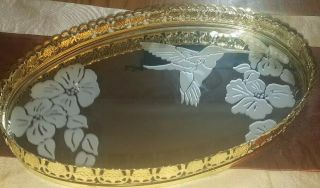 Lovely Vintage Gold Filigree Ormolu Oval Mirrored Vanity Tray Hummingbird Decor