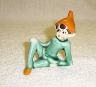 4.  Vintage 1950’s? Ceramic Pixie / Elf Figurine Green W Brown Hat Resting