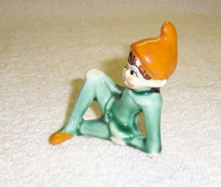 4.  VINTAGE 1950’s? Ceramic Pixie / Elf Figurine Green w Brown Hat Resting 2