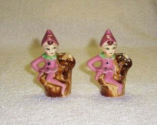 5.  Vintage Pink Pixie / Elf On Tree Stump Salt And Pepper Shakers Japan