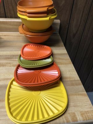 9 Pc Vintage Tupperware Bowls Lids Orange Green Yellow