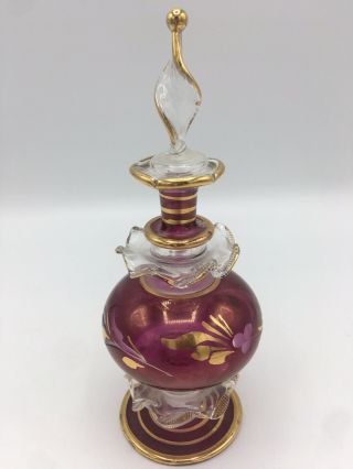 Vintage Bohemian Art Glass Perfume Bottle With Stopper Pink/gold 6.  5” Tall