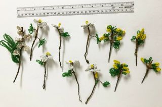 Vintage French Glass Beaded White & Yellow Daisy Flowers 11 Stems 2