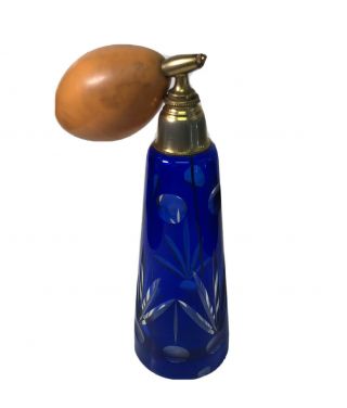 Vintage Cobalt Blue Cut Crystal Perfume Bottle W/ Orange Atomizer