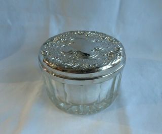 Small Glass With Silverplate Lid Face Powder Jar With Puff And Mirror