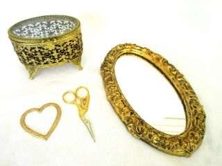 Vintage 4 Piece Vanity Dresser Set Gold Theme Trinket/jewelry Box Mirror,