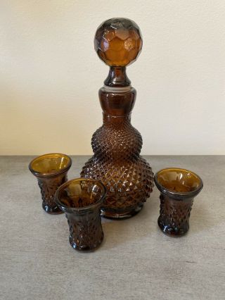 Vintage Amber Dark Brown 7” Decanter Set Bottle And 3 Shot Glasses 2” Taiwan