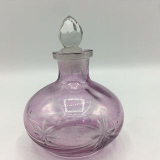 Vintage Bohemian Art Cut Glass Perfume Bottle With Stopper Lavender 3.  5” Tall