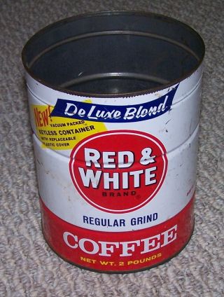 Vintage Red & White Brand Two Pound Coffee Tin Can No Lid Deluxe Blend Keyless