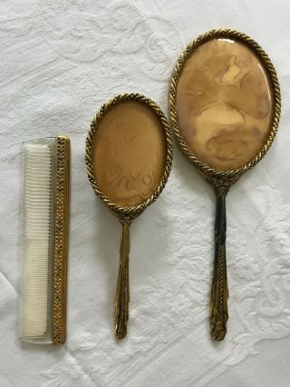 Vintage Gold Tone Dresser Vanity Set,  Hand Mirror,  Brush,  Comb