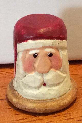 Santa Thimble Carved Wood Hand Painted About 1” Tall Vintage