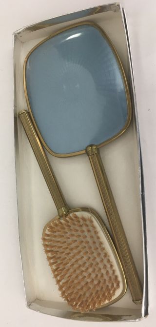 Vintage Brass Brush And Handheld Mirror Set Mid Century