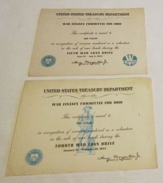 2 Vintage 1944 Wwii Fifth War Loan Drive Volunteer Certificates Ohio Finance