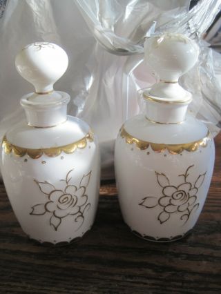 Vtg Matson Set Of 2 Vanity Hand Painted Gold Flowers Porcelain Perfume Bottles