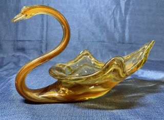 Vintage Amber Art Glass Swan Jewelry Ring Dish Trinket Vanity Dresser Tray Vtg