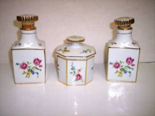 Vintage 3 Piece Dresser Vanity Perfume Trinket Box Set Flowers / Floral
