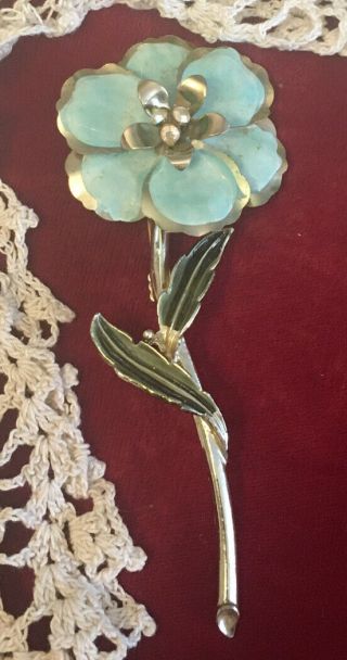 Vintage Large Enamel And Rhinestone Flower Brooch Pin Adorable 4 Inch