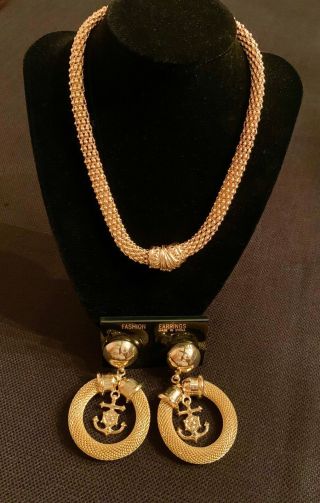 Vintage 1970’s Gold Tone Necklace And Nautical Clip Earrings