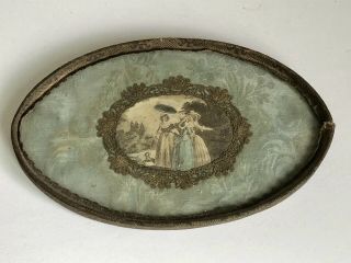 Small Antique 1800’s Victorian Metallic Metal Lace Oval Dresser Tray W/ Ladies