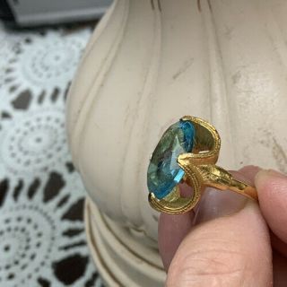 Vintage Large Cocktail Light Blue Rhinestone Glass Gold Tone Adjustable Ring