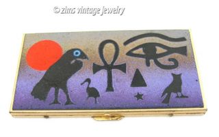 Vintage Egyptian Revival Enamel Ankh Bird Raven Eye Pyramid Card Case Pill Box
